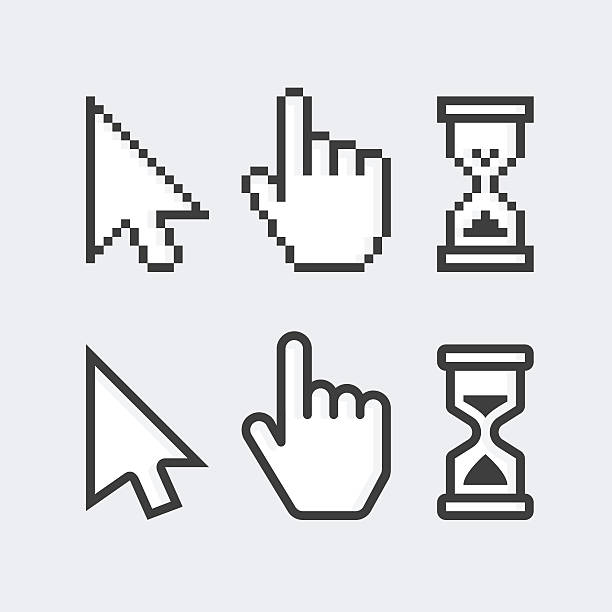 ilustrações de stock, clip art, desenhos animados e ícones de pixelated and smooth vector cursors. - pushing push button human hand human finger