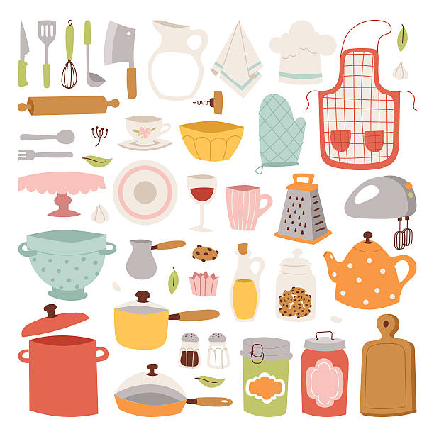 ilustraciones, imágenes clip art, dibujos animados e iconos de stock de iconos vectoriales de utensilios de cocina. - tienda de artículos de cocina