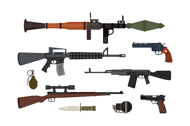 Weapons vector collection. Weapons vector guns collection. Pistols, submachine, assault rifles sniper, knife, grenade icons. Violence firearm police ammunition illustration isolated. colts stock illustrations