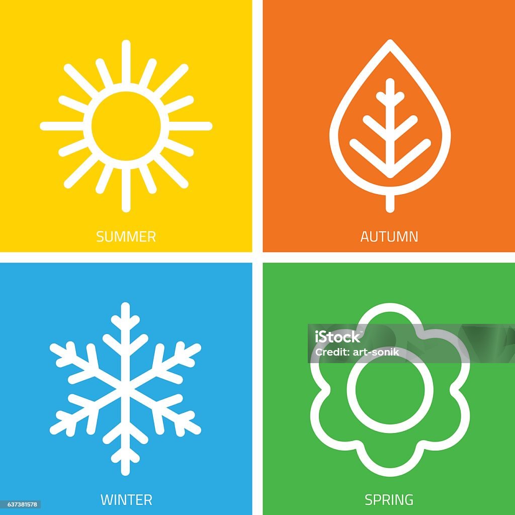 Vector icons of seasons. A set of colorful icons of seasons. The seasons - winter, spring, summer and autumn. Weather forecast sign. Season simple elements concept. Season stock vector