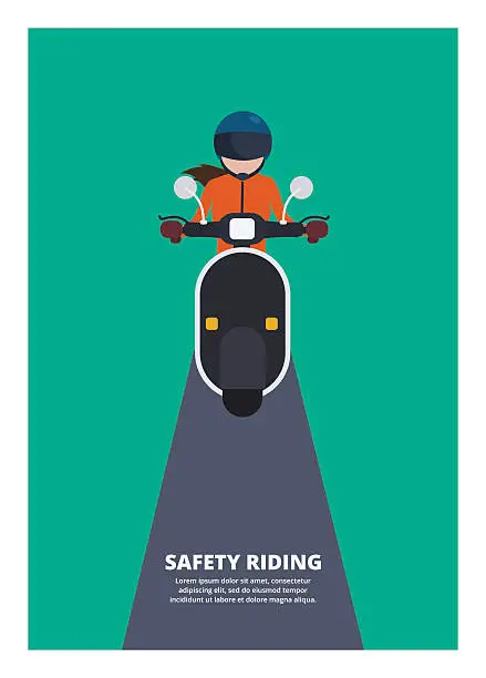 Vector illustration of woman riding scooter, safety riding