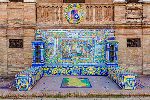 palencia province, glazed tiles bench at spain square, seville - palencia province imagens e fotografias de stock