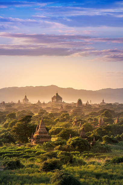 Bagan historical site on magical sunset Myanmar Bagan historical site on magical sunset with beautiful sky and Buddhist temples panoramic view, Bagan Archaeological Zone at Bagan Myanmar mandalay photos stock pictures, royalty-free photos & images
