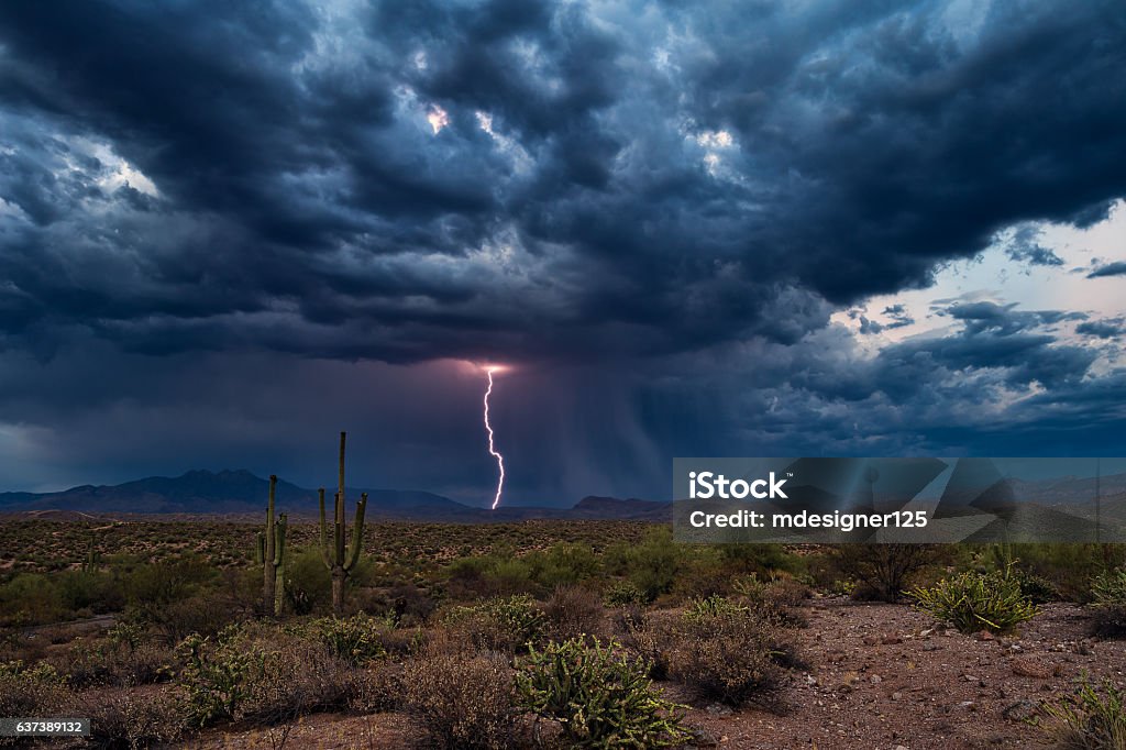 Thunderstorm clouds with lightning Thunderstorm with dark clouds and lightning over the Arizona desert. Thunderstorm Stock Photo