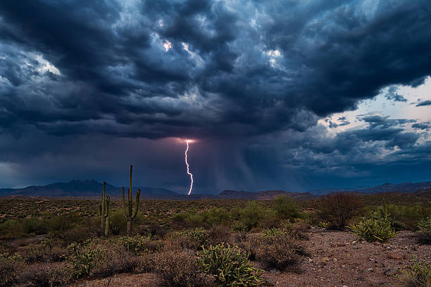 Thunderstorm clouds with lightning Thunderstorm with dark clouds and lightning over the Arizona desert. ominous photos stock pictures, royalty-free photos & images