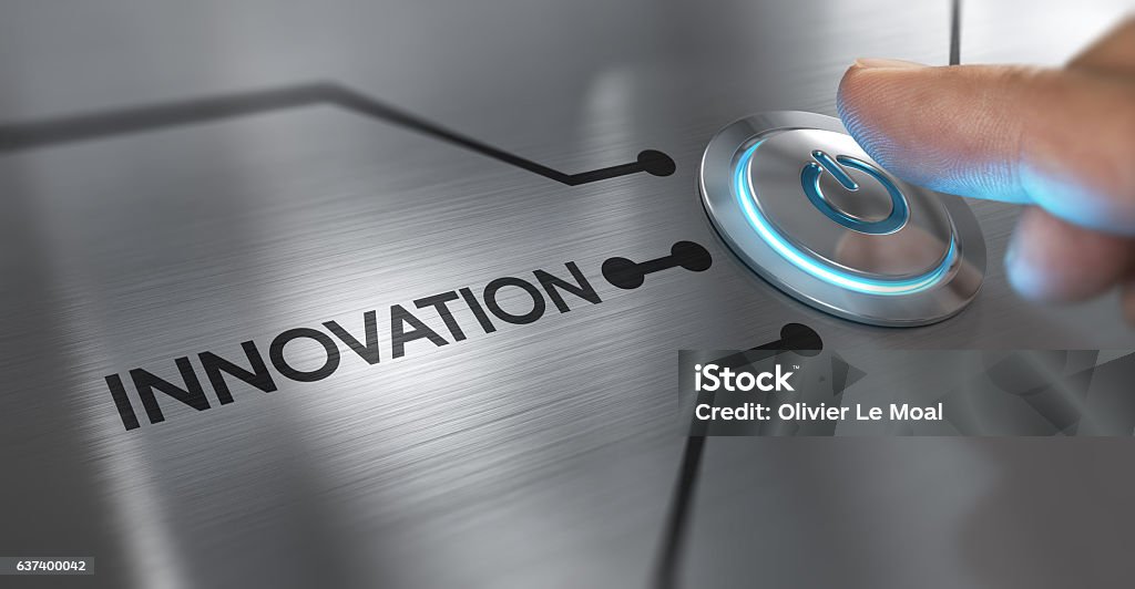 Innovation Concept Finger about to press a start button with the word innovation on the left. Composite between an image and a 3D background Innovation Stock Photo