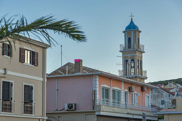 Argostoli, Kefalonia, Greece, May 25 2015:  Bell tower of church Argostoli, Kefalonia, Greece - May 25  2015:  Bell tower of church in the town of Argostoli, Kefalonia, Ionian islands, Greece lixouri stock pictures, royalty-free photos & images