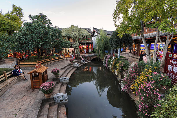 Panoramic view of one of the canals in Lijiang stock photo