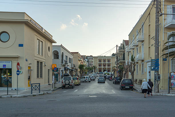 Argostoli, Kefalonia, Greece, May 25 2015:  Sunset view of Argostoli Argostoli, Kefalonia, Greece - May 25  2015:  Sunset view of Street in town of Argostoli, Kefalonia, Ionian islands, Greece lixouri stock pictures, royalty-free photos & images