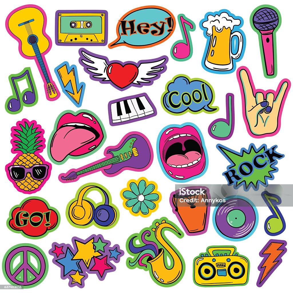 Fun Set Of Cartoon Musical Stickers. Colorful fun set of music stickers, icons, emoji, pins or patches in cartoon 80s-90s comic style. Music stock vector