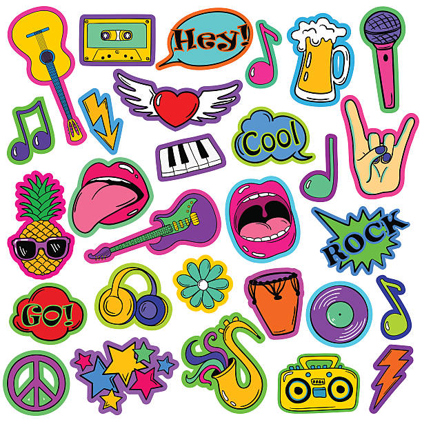 Fun Set Of Cartoon Musical Stickers. Colorful fun set of music stickers, icons, emoji, pins or patches in cartoon 80s-90s comic style. music icons stock illustrations