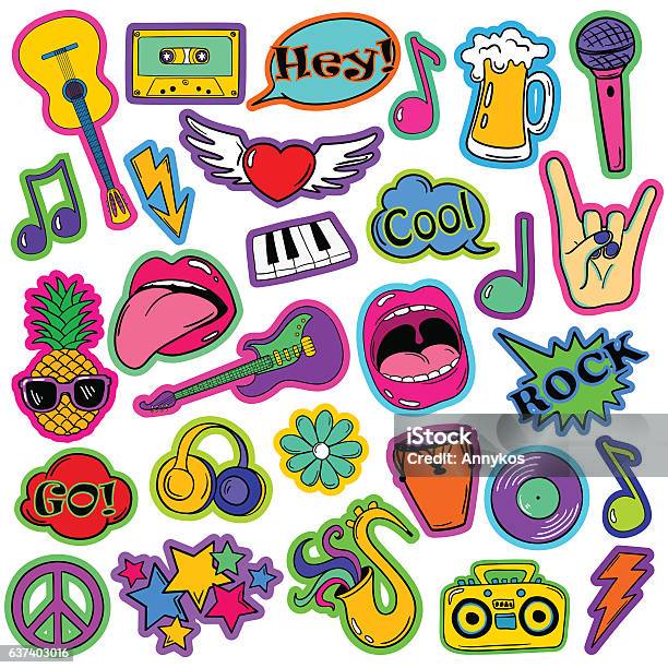 Fun Set Of Cartoon Musical Stickers Stock Illustration - Download Image Now - Music, Icon Symbol, Rock Music