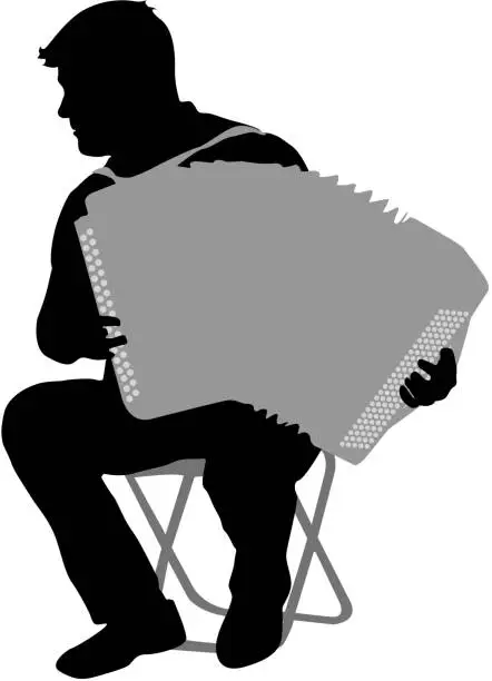 Vector illustration of Silhouette musician, accordion player on white background, vector illustration