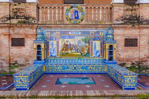 Glazed tiles bench of spanish province of Toledo at Plaza de Espana, Seville, Spain