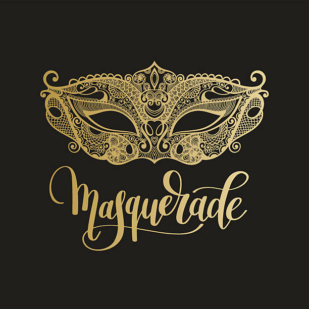 gold venetian carnival mask with hand lettering gold venetian carnival mask with hand lettering isolated on black background, calligraphy vector illustration masquerade mask stock illustrations