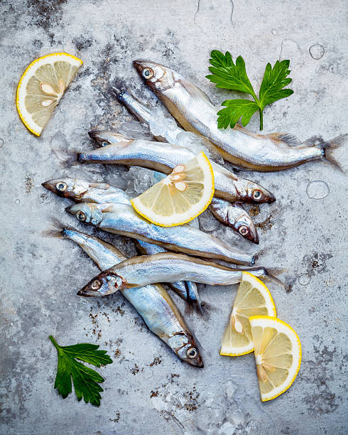 istock Fresh catch Shishamo fish fully eggs flat lay on shabby 637411198