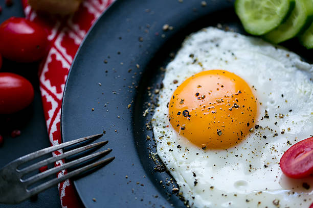 istock Breakfast set for christmas. Pan of fried eggs and cherry-tomato 637414166