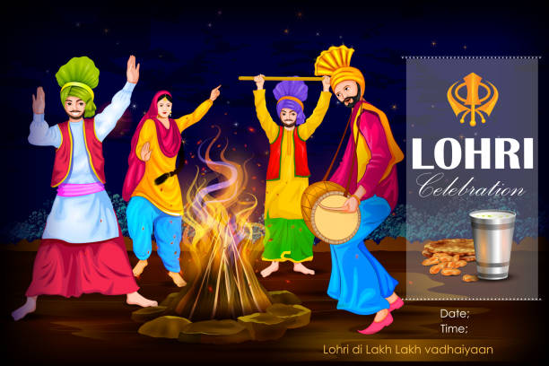 illustrazioni stock, clip art, cartoni animati e icone di tendenza di festival di happy lohri di sfondo punjab india - bhangra