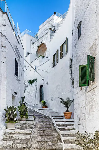 Street scene in the historical quarter of Ostuni, Italy.