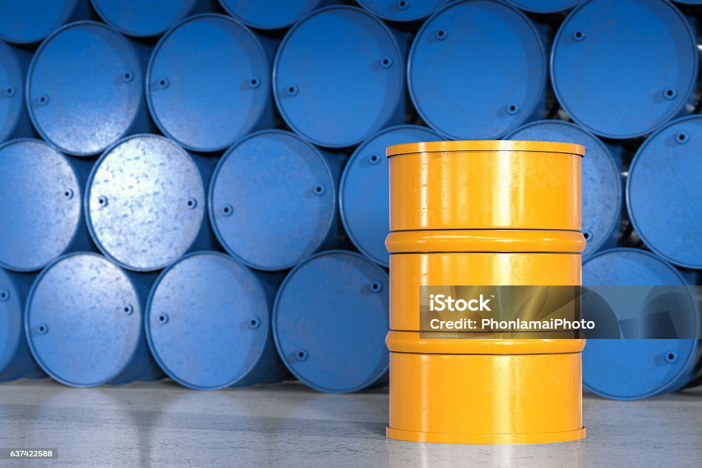 yellow barrel with blue barrels background 3d rendering yellow barrel with blue barrels background Lubrication Stock Photo