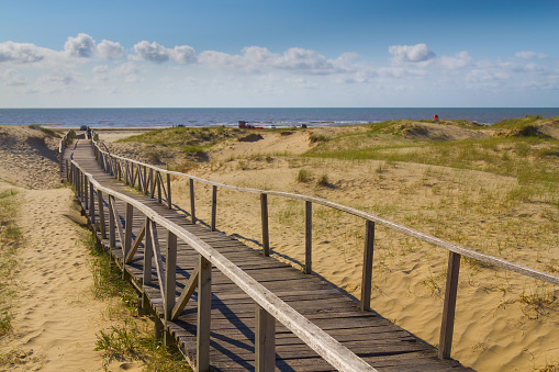 Dune landscape with a blue sky in Norddeich at winter, North Sea, East Frisia, Lower Saxony, Germany