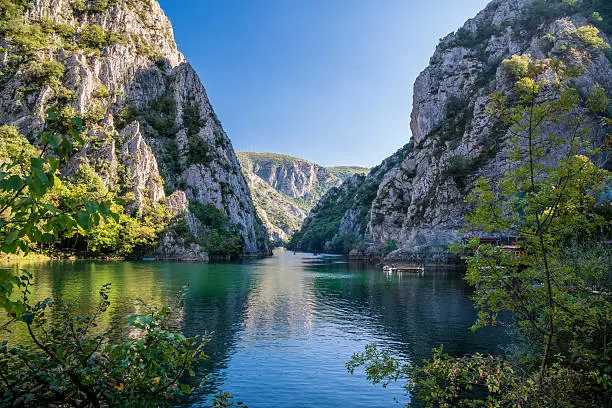 Beautiful view of tourist attraction, lake at Matka Canyon in the Skopje surroundings. Macedonia.