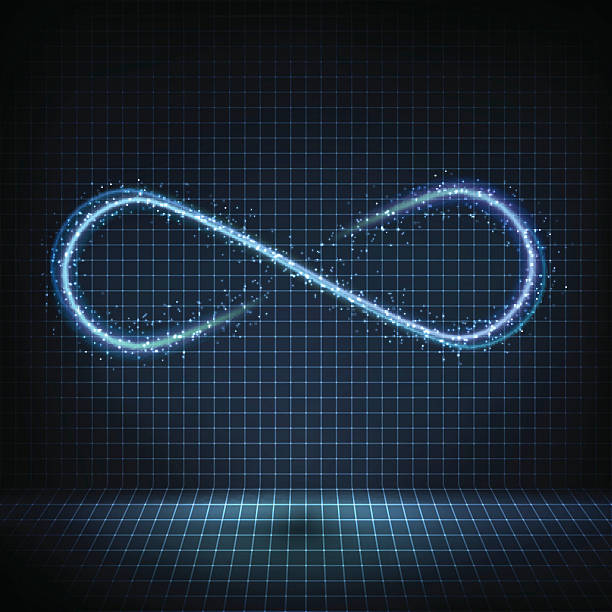 Glowing neon infinity symbol with bright lights and distorted lines Glowing neon infinity symbol with bright lights and distorted lines on a grid background. Vector technology design mobius strip stock illustrations