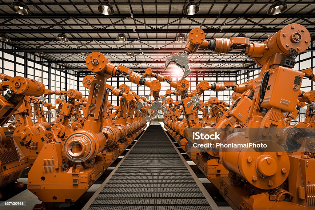 robotic arms with empty conveyor belt 3d rendering robotic arms with empty conveyor belt Robotic Arm Stock Photo