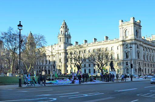 London, United Kingdom - January 15, 2016: Unidentified people by political demonstration for Kurds freedom in opposite to parliament building