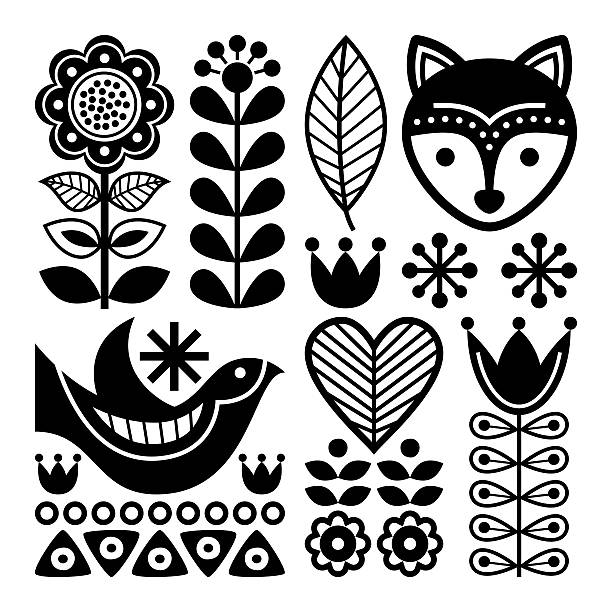 Finnish folk art pattern - Scandinavian, Nordic style Vectorblack background with flowers and animals animals isolated on white  northern european stock illustrations