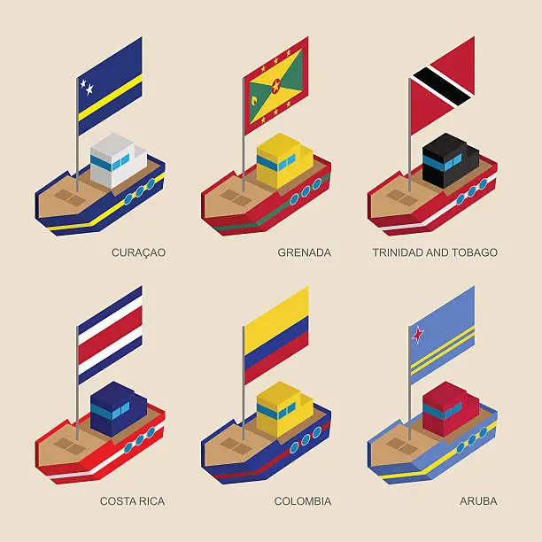 Vector illustration of Isometric ships with flags: Curacao, Grenada, Costa Rica, Colomb