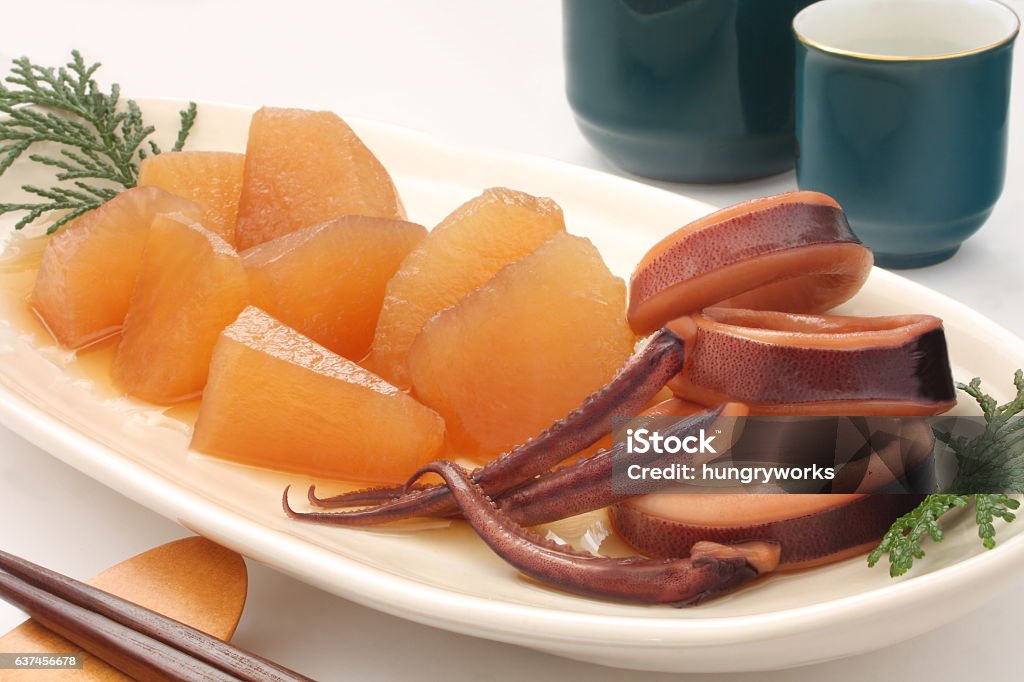 Simmered Squid And Daikon Radish With Sake Japanese Food Stock Photo