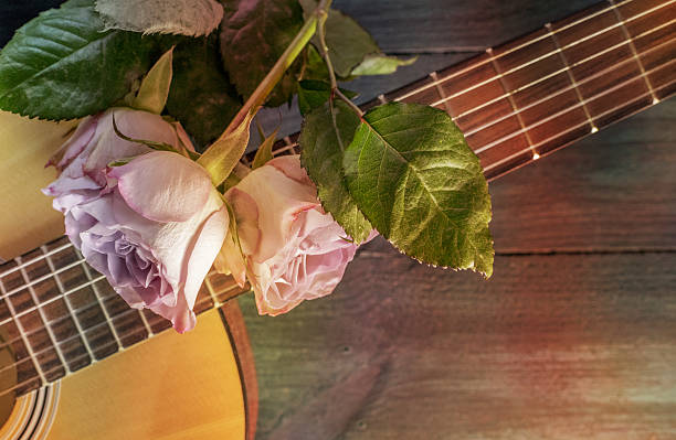 istock Guitar neck with tender pink roses on dark background 637458040