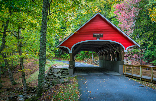 Red covered bridge in the White Mountains of New Hampshire.