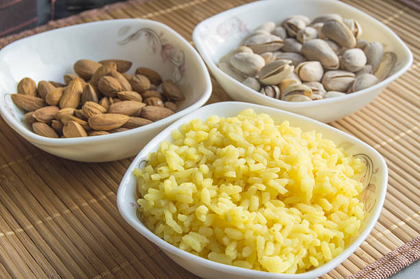 Traditional Indian Pongal, Makar Sankranti rice nuts almonds.