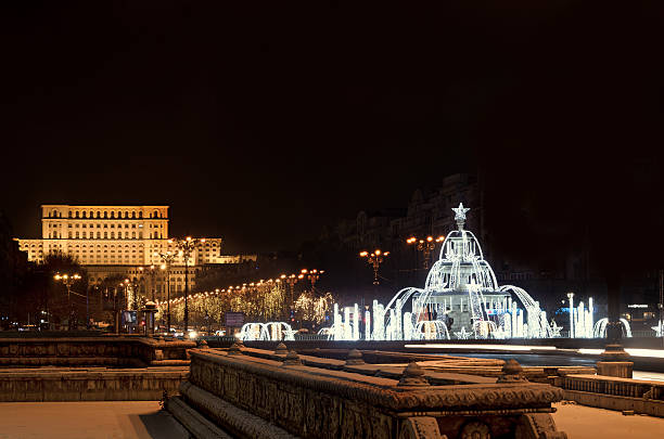 Fountain lighted and ornaments in front of The House of People, downtown of  Bucharest, Romania night time.