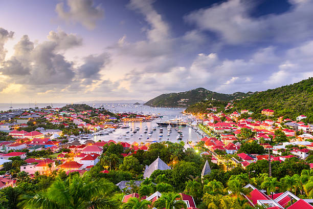 Saint Barths Skyline Saint Barthelemy harbor and cityscape in the West Indies. french overseas territory stock pictures, royalty-free photos & images