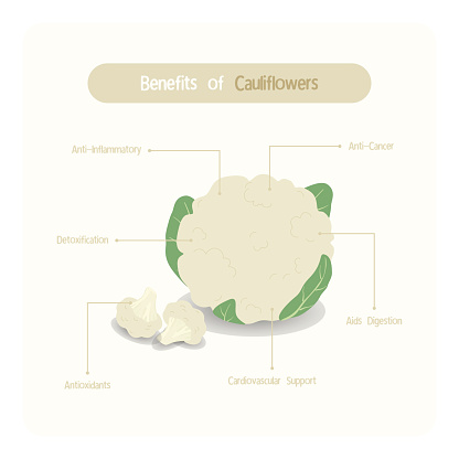 Infographic for cauliflower health benefits with handwriting font style