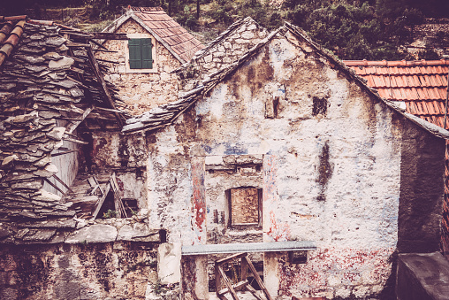 Old ruined houses in the city of Ložišća on the Brač island, Croatia, Europe. Nikon D800, full frame, XXXL.