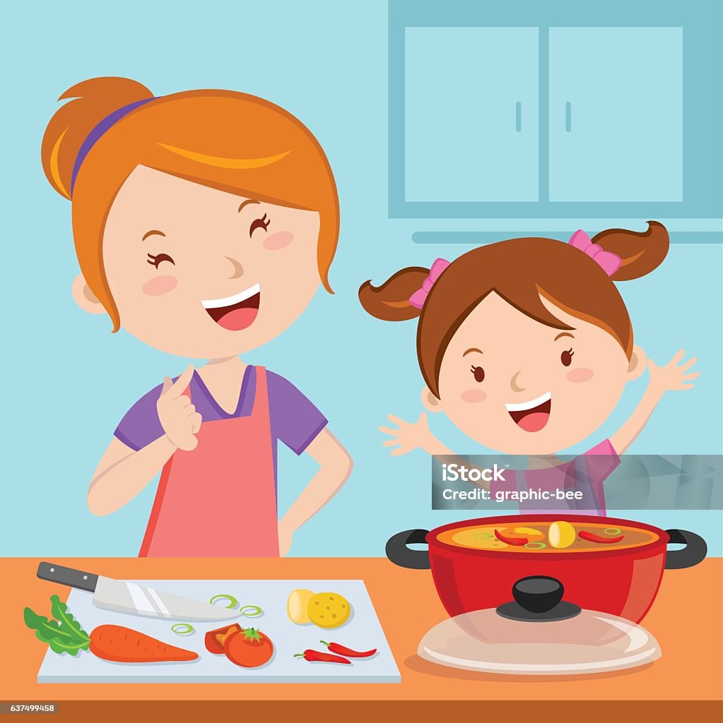 Mère et fille cuisinant des aliments - clipart vectoriel de Cuisiner libre de droits