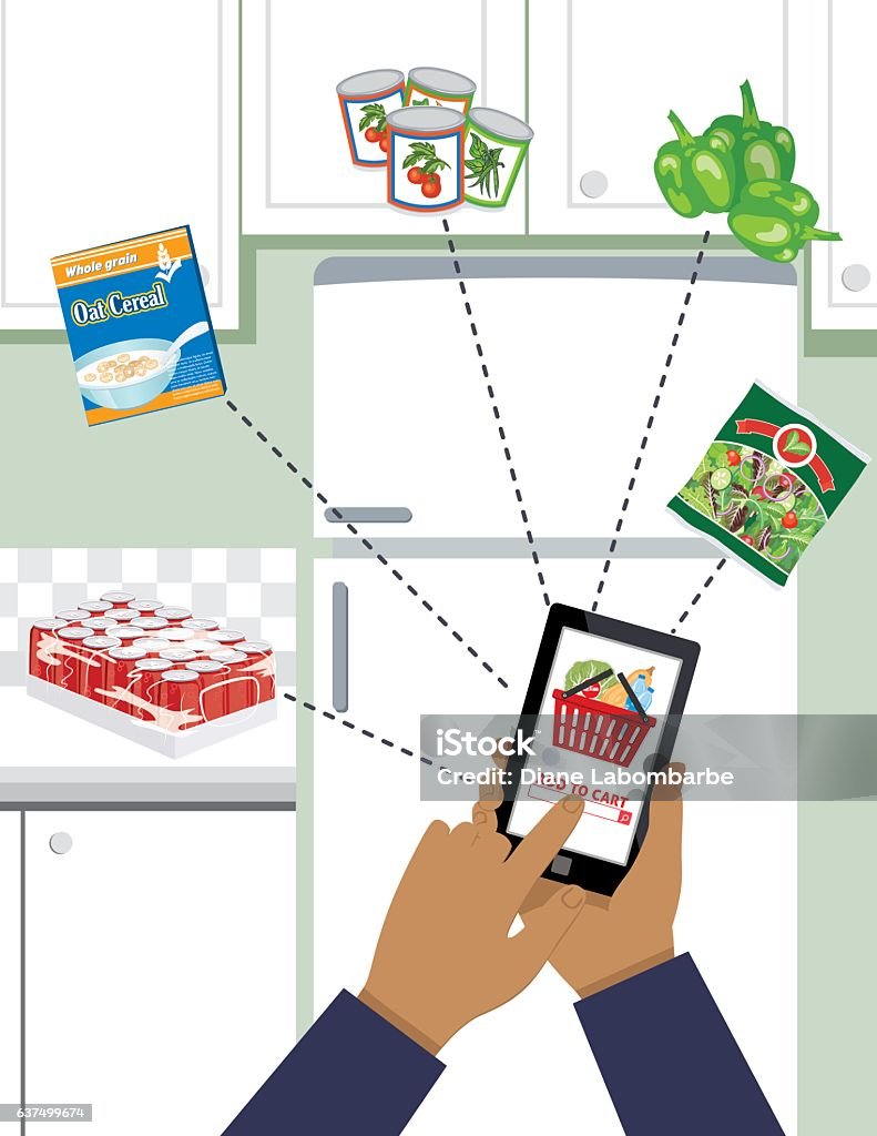 Man Ordering Groceries For Delivery On A Cell Phone A dark skinned man Ordering Groceries For Delivery On A cell phone. Online food shopping concept. There is a kitchen in the background with cabinets, stove and a fridge. Infographic stock vector
