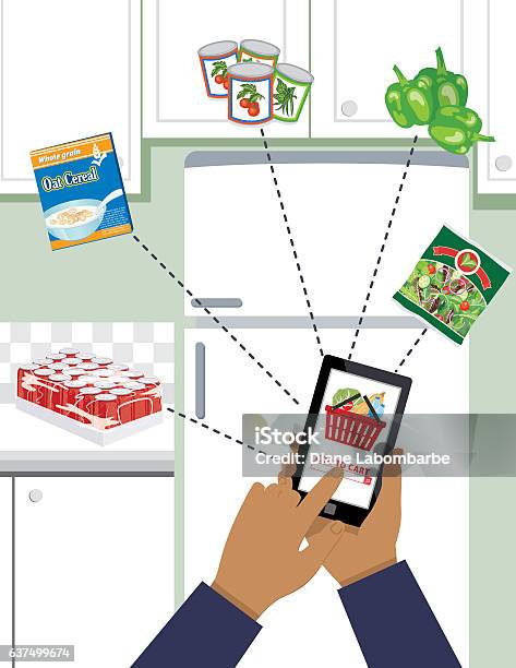 Man Ordering Groceries For Delivery On A Cell Phone Stock Illustration - Download Image Now