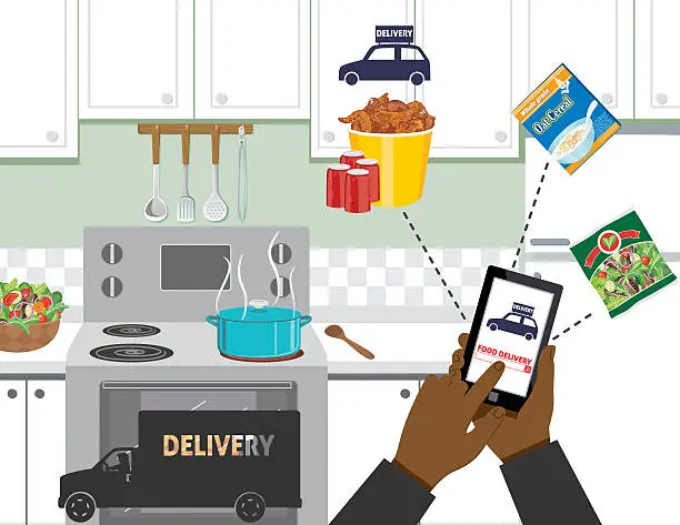 Vector illustration of Man Ordering Food For Delivery On A Cell Phone