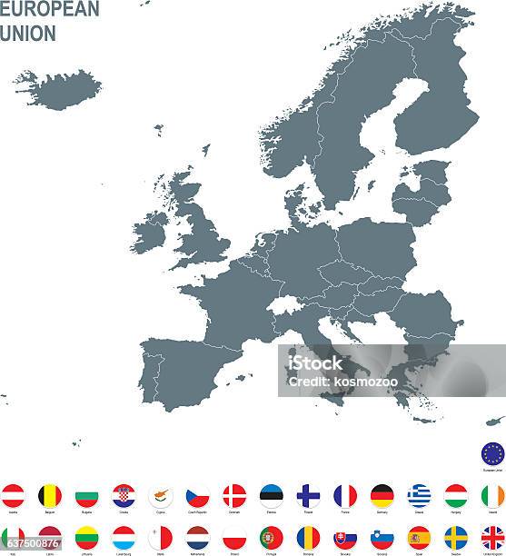 Grey Map Of European Union With Flag Against White Background Stock Illustration - Download Image Now