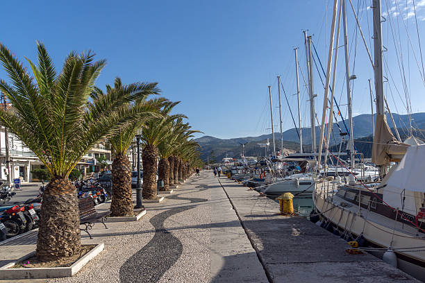 Argostoli, Kefalonia, Greece, May 26 2015:  Panorama of Embankment of town of Argostoli Argostoli, Kefalonia, Greece - May 26 2015:  Panorama of Embankment of town of Argostoli, Kefalonia, Ionian islands, Greece lixouri stock pictures, royalty-free photos & images