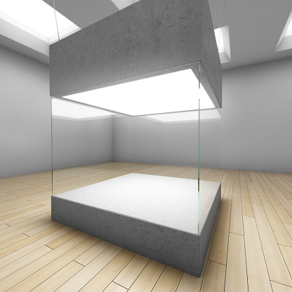 Empty glass box in art gallery. 3D illustration.