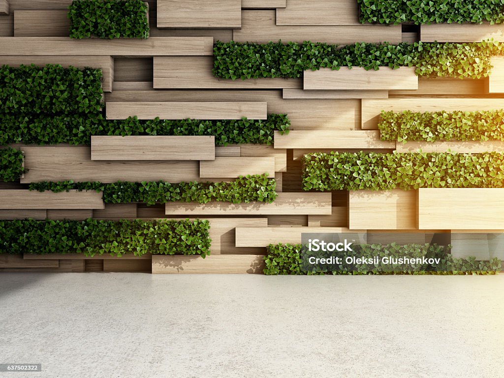 Wall in modern interior Wall in modern interior with wooden blocks and vertical garden. 3D illustration. Architecture Stock Photo