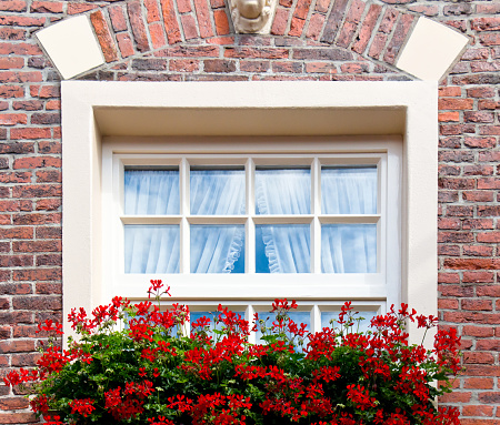 Nice window with flower box of an old patrician house, built of brown bricks in 1862.