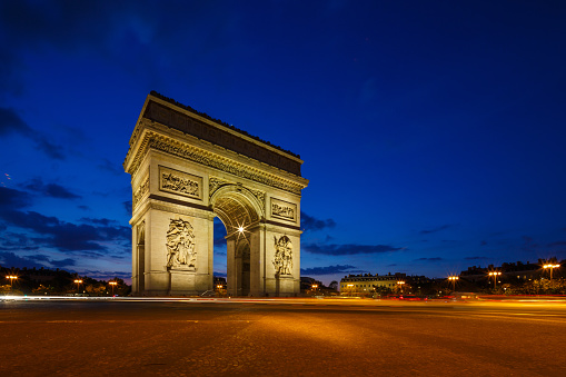 Arc de Triomphe twilight photo, Avenue de Champs Elysees, Paris, France