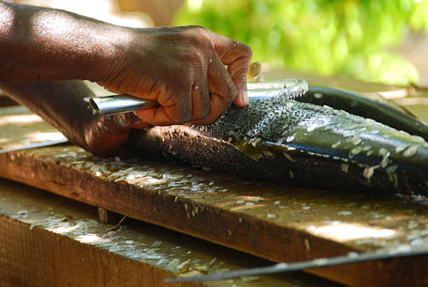 istock Hand removed the fish scales with a fillet knife. 637509408
